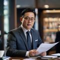 豪门国际合规风控总监张博文，严肃认真地审阅文件，办公环境整洁专业，体现合规严谨氛围