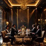 豪门国际中东商业合作案例，中东富商与中国企业主在豪华会议室握手，金色装饰背景彰显高端商务氛围