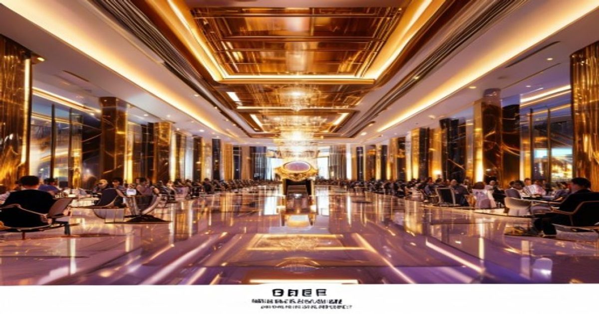 豪门国际顶级国际化服务平台首屏大图，金碧辉煌的国际会议大厅内精英人士云集，暖金色灯光烘托出高端圈层的专属氛围